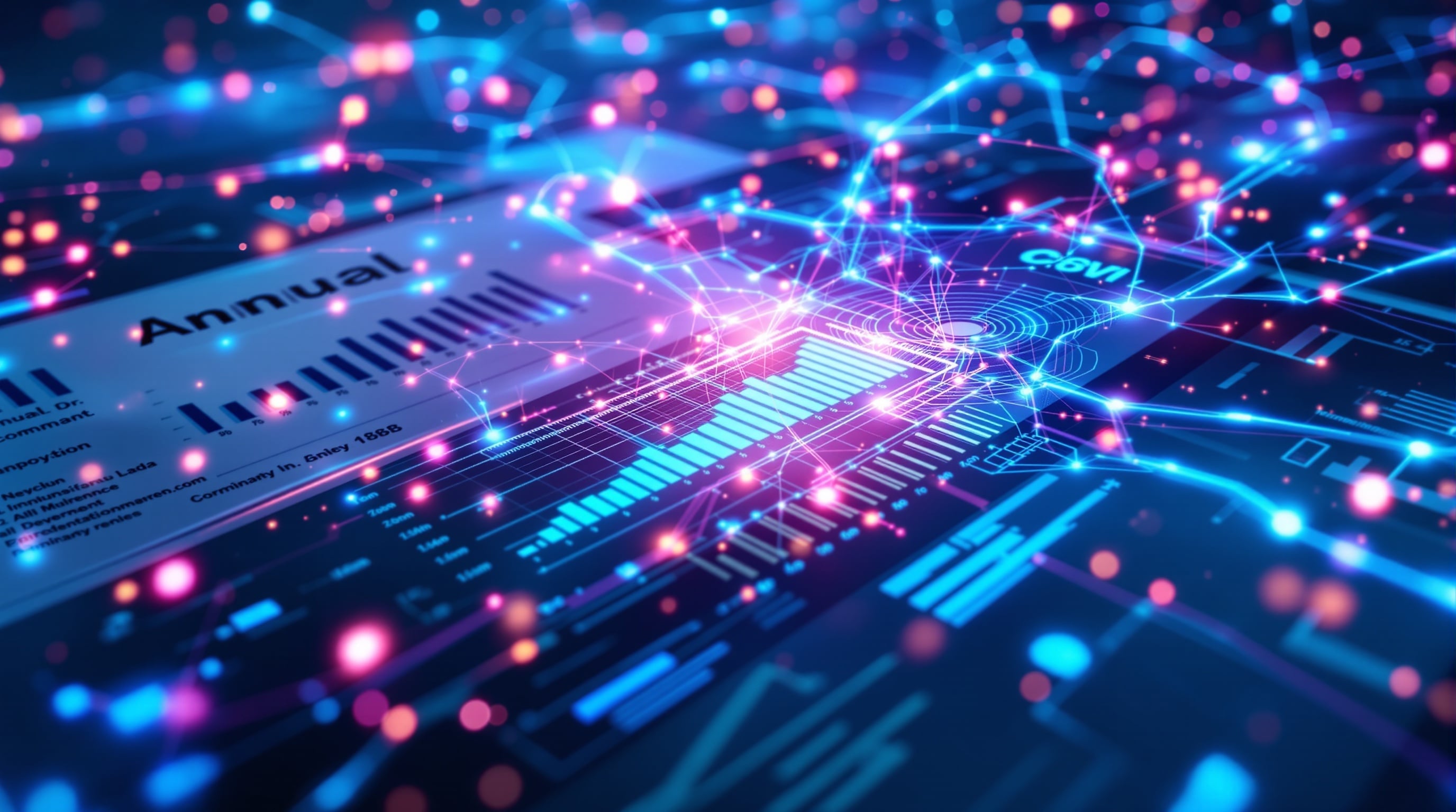 AI analyzing company reports, financial statements, and business data with green data visualization